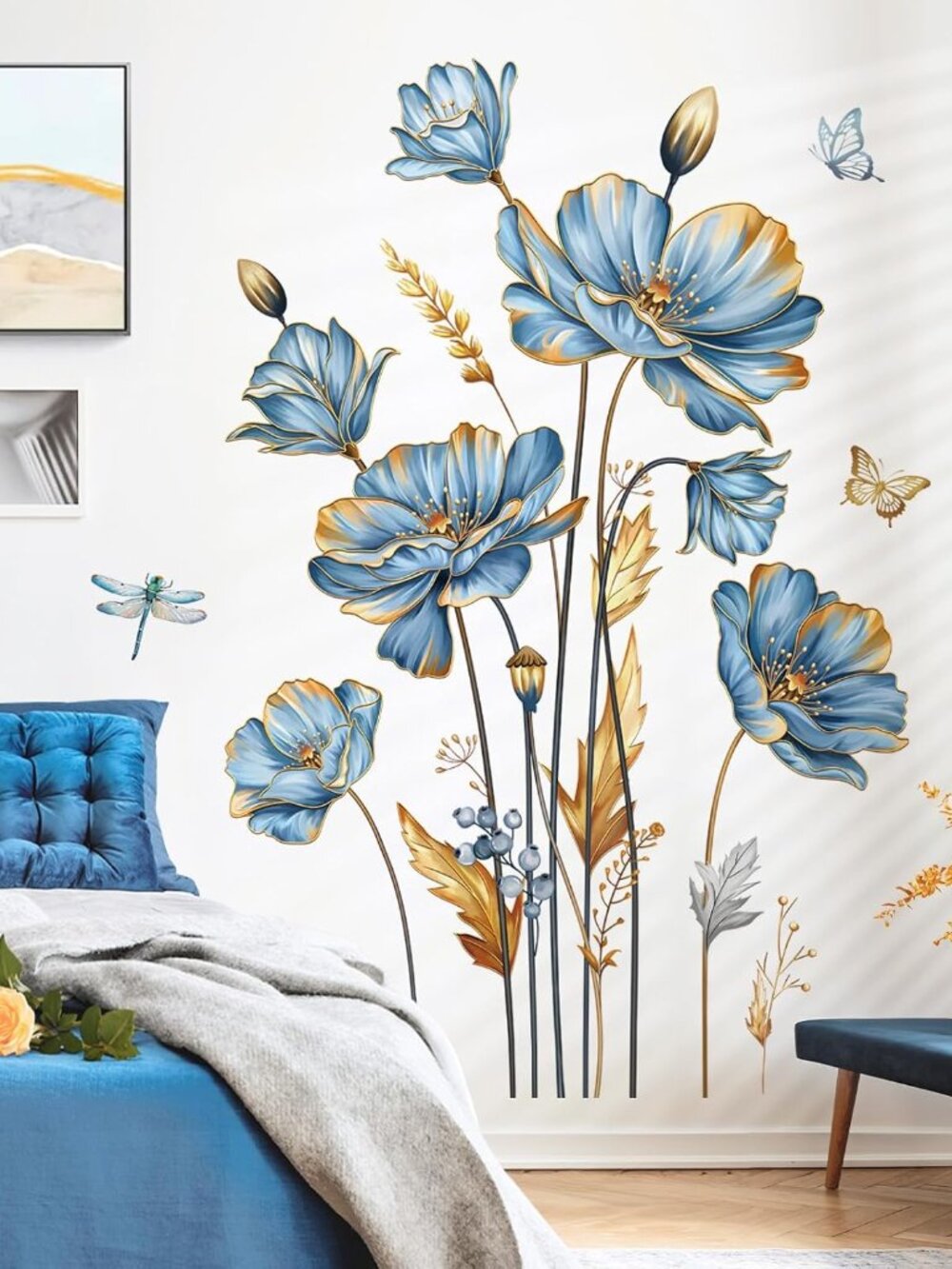 Blue Flower Butterfly Gold Leaves Plants Wall Decals Peel and Stick